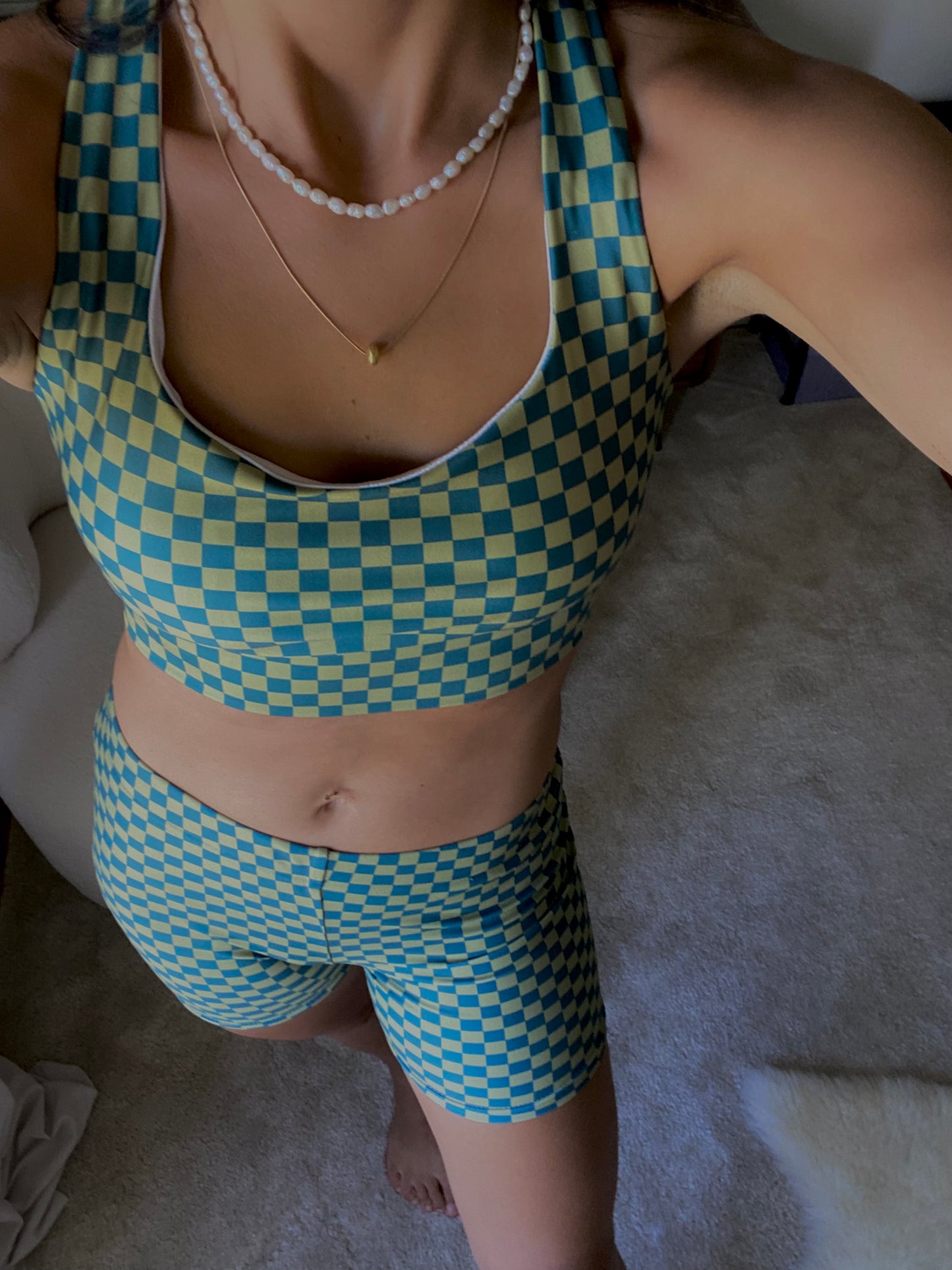 Petrol Blue and Army Green Checked Pattern Sports Bra